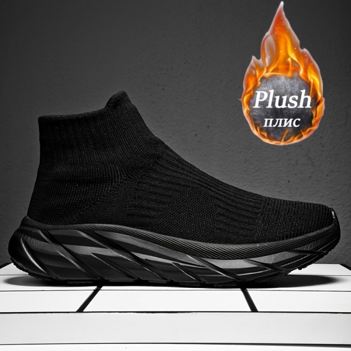Men's Slip On Chunky Shoes, Woven Knit Breathable Warm Plush Lining Sneakers, Men's Footwear, Winter & Autumn